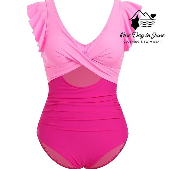 B2Prity Plus Size Ruffle Cross Front Cut Out One Piece Swimsuit Size 2XL - Picture 1 of 7